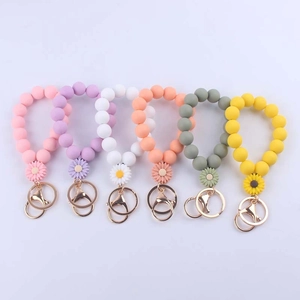 Silicone Beaded Wristlet Keychain Bracelet With Daisy Charm Sunflower Pendant Metal Lobster Clasp Key Ring For Women