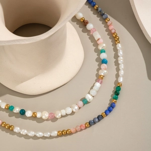 Elegant 18K gold plated stainless steel necklace with natural stones and pearls