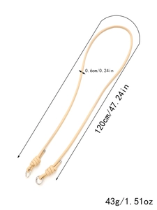 Detail of 120cm beige leather phone strap with silver rings and dimension markings