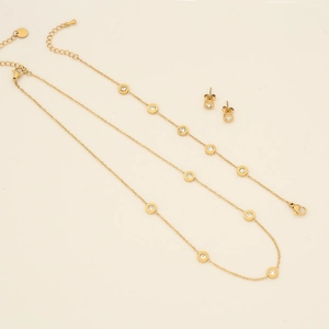 Minimalist gold stainless steel jewelry set including necklace bracelet and stud earrings