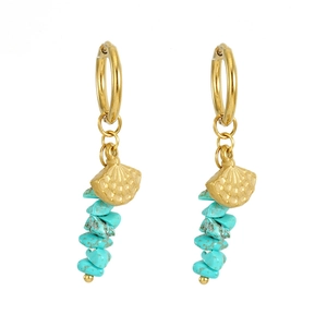 Gold shell drop earrings with turquoise beads and lever back closure on white background
