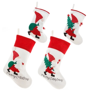 Nordic white Christmas stockings with red embroidery and Merry Christmas text set of 4