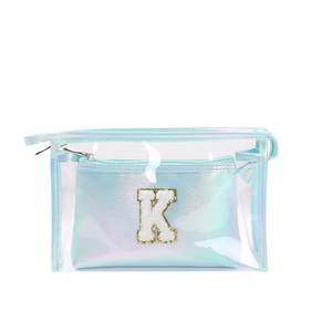 Transparent TPU makeup bag set with laser finish and gold-rimmed letter K patch
