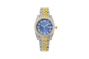 Detail of blue sunray watch dial with roman numerals, date window and diamond bezel