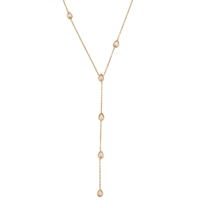Elegant gold Y-shaped necklace with teardrop glass pendants on a clean white background