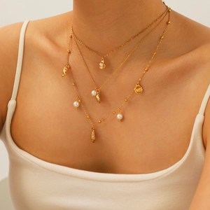 Stainless Steel Necklace Gold Plated Shell Starfish Artificial Pearl Pendant Layered Beach Vacation Jewelry For Women