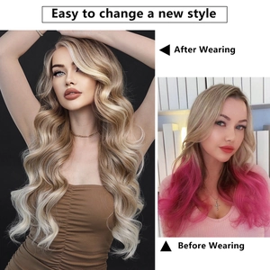 Long wavy ombre brown synthetic lace front wig showing before and after hair transformation