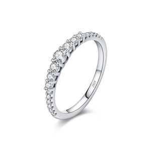 Elegant S925 sterling silver ring with a row of sparkling moissanite stones on white background