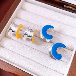 C-Shaped Hoop Earrings Colorful Enamel Copper Jewelry With Silver Earring Post Modern Minimalist Style For Women