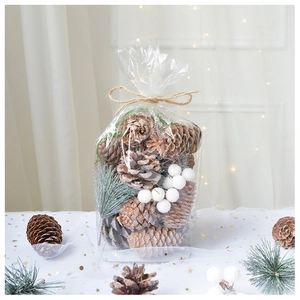 Christmas pine cone decor pack with snow effect and white berries in a tied gift bag