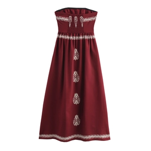 Ethnic print strapless maxi dress in deep red with smocked chest and A-line silhouette