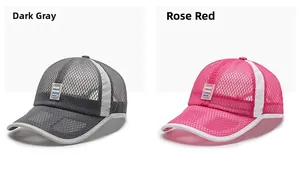 Detail of dark grey and rose red breathable mesh baseball caps with Sport Fashion logos