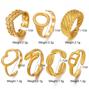 Collection of gold heart and geometric adjustable stainless steel rings with weight specs