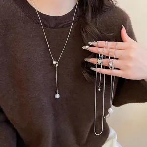 Adjustable Y-Necklace With Heart Pendant And Imitation Artificial Baroque Pearl Alloy Copper Snake Chain Lariat For Women Elegant