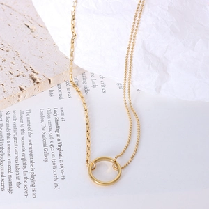 Asymmetric Double Chain Necklace Titanium Steel 18K Gold Plated Circle Ring Pendant Minimalist Choker For Women