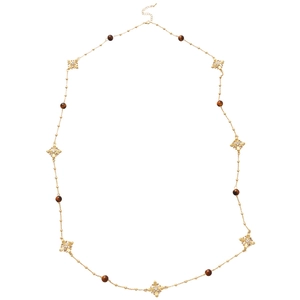 Vintage gold beaded necklace with tiger eye style beads and rhinestone flower charms