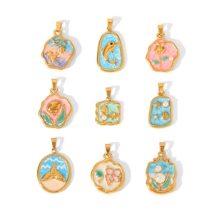 Set of 9 gold enamel pendants with sea shells, flowers and pearls on white background