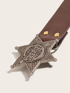 Close-up of brown punk belt featuring a vintage silver sheriff star metal buckle