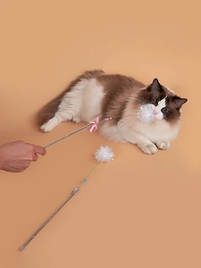 Cat wand toy with glitter stick and feather flower showing interactive play scene