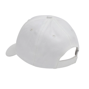 Detail of white cotton baseball cap showing adjustable strap and six-panel stitching