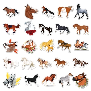Detail view of colorful waterproof horse stickers with various artistic equine designs