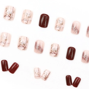 Burgundy and floral white flower press-on nails with silver glitter in short square shape