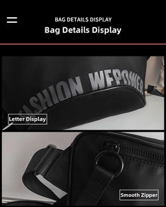 Détail du sac bandoulière techwear noir avec fermeture éclair fluide et logo imprimé