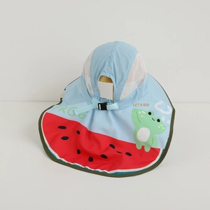 Breathable blue sun hat for kids featuring watermelon neck flap and frog print