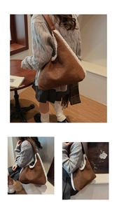 Detail shots of large brown plush tote bag showing shoulder strap and side view on model