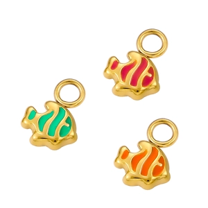 Three dainty gold stainless steel fish pendants with vibrant colorful enamel accents