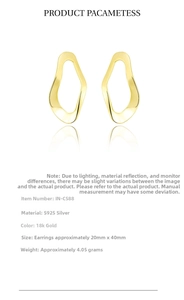 Detailed view of 18k gold plated S925 sterling silver wavy drop earrings with dimensions
