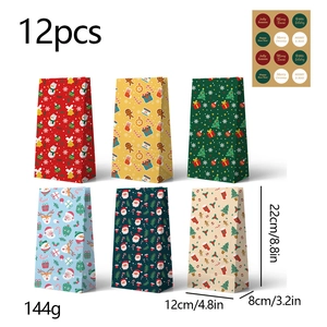 Set of 12 Christmas paper gift bags with Santa patterns and stickers, 22x12x8 cm