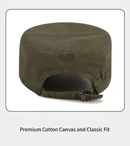 Rear view of olive green flat top army cap with adjustable metal buckle strap