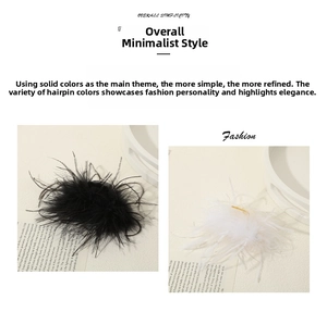 Detail of fluffy black and white ostrich feather hair clips on a minimalist background