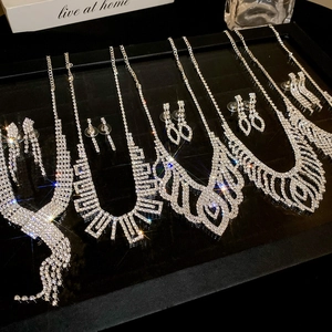 Rhinestone Alloy Hollow Tassel Necklace And Earrings For Wedding Banquet Elegant Sparkly Jewelry Women