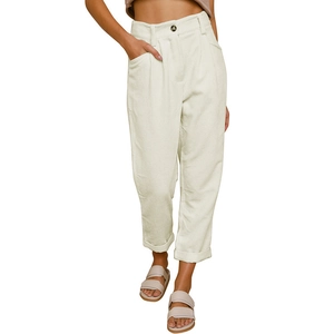 Damen Cordhose mit hoher Taille in Elfenbeinweiß, locker sitzende gerade Freizeithose
