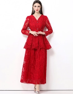 Top Peplum A Maniche Lunghe In Pizzo Rosso E Gonna Lunga Elegante Ricamo Francese Abbigliamento Da Festa Formale Per Donna