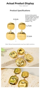 Detailed view of gold geometric wrinkled earrings with precise size dimensions and specs