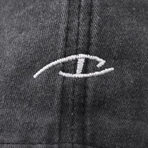 Washed dark grey cotton baseball cap featuring high-quality white cartoon eye embroidery