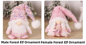Detail of pink and white plush Christmas gnomes with sequined hats and braided hair