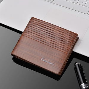 Classic dark brown bi-fold men's business wallet with wood texture and perforated design