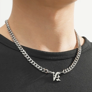 Silver Cuban link necklace with Gothic letter pendant worn on neck for hip-hop style