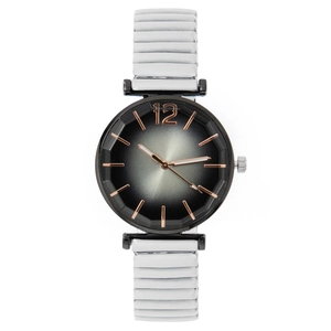 Women's quartz watch with black gradient dial and white flexible elastic band