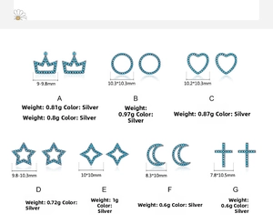 Detailed grid view of S925 silver stud earrings with turquoise stones in star and moon shapes