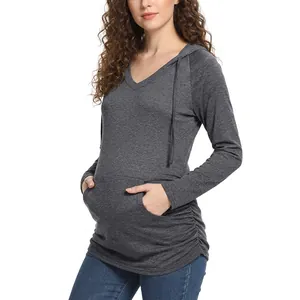 Maternity Hoodie Long Sleeve V Neck Ruched Side Kangaroo Pocket Polyester Spandex Solid Casual Pullover Top
