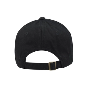 Detail view of the black baseball cap back with a vintage metal buckle and cotton texture