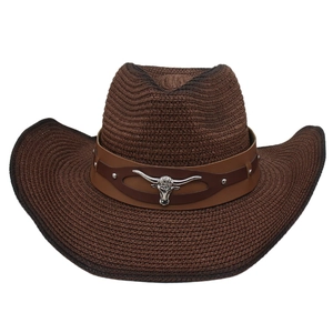 Western Cowboy Straw Hat Wide Brim Woven Sun Protection Outdoor Bull Head Metal Logo Leather Band Men Women