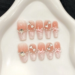 Handmade Press On Nails Pink White Ombre French Style With 3D Bow Rhinestone Artificial Pearl Decor Luxury Sweet Fake Nails For Women