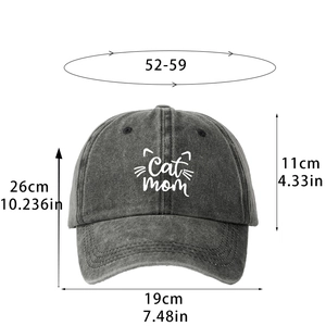 Front view of washed dark grey Cat Mom baseball cap with sizing measurements included