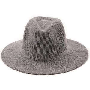 Detail view of a gray chenille knit fedora with wide brim and waffle texture finish